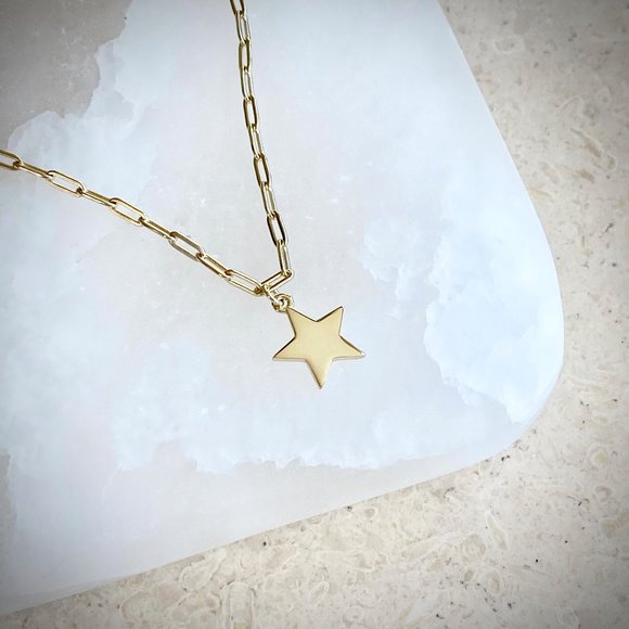 NEW 14K Gold Plated Sterling Star Charm Paper Clip Necklace - Picture 3 of 5